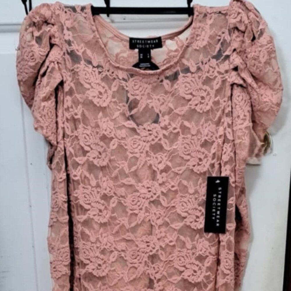 Trendy: Brand New Coquette Aesthetic Pink Floral Lace Sheer Top
